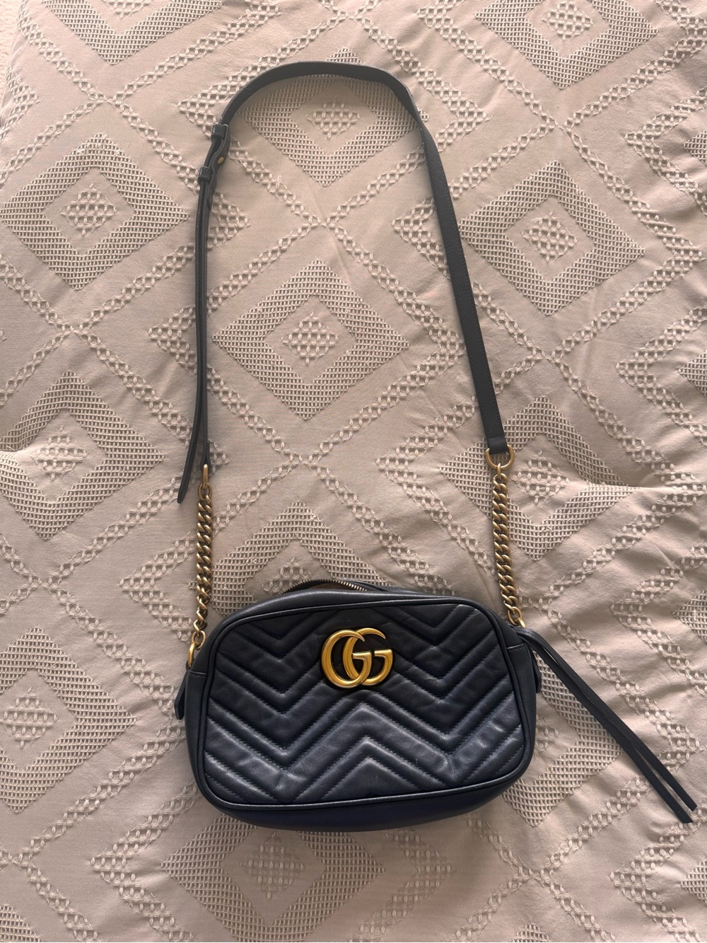Gucci Black Quilted Leather GG Marmont Mini Crossbody with Gold Hardware